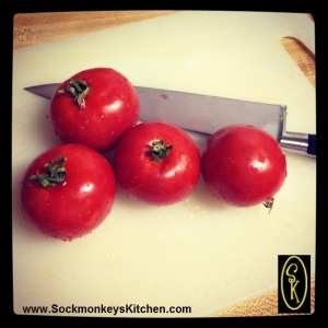 Chop up 4 small tomatoes. These are from my dad's garden, so they're really meaty and extra sweet!